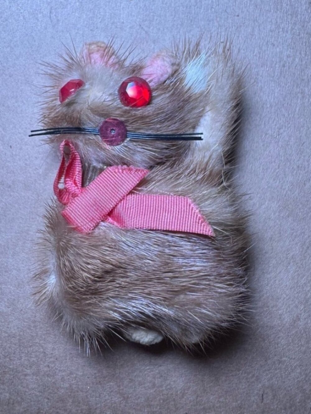 Handmade Whimsical Vintage Fur Mouse Brooch with Pink Bow & Rhinestone Eyes 2.5”